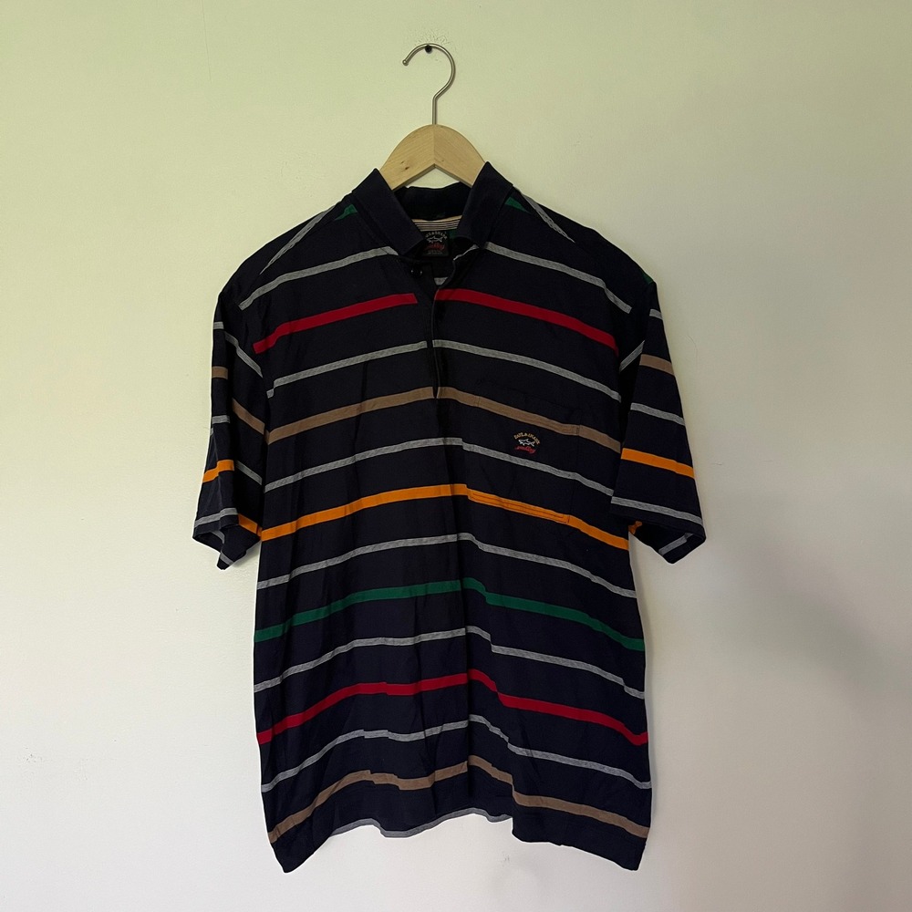 Paul & Shark Yachting Mens Large Striped Polo Shirt Navy Blue Made in Italy